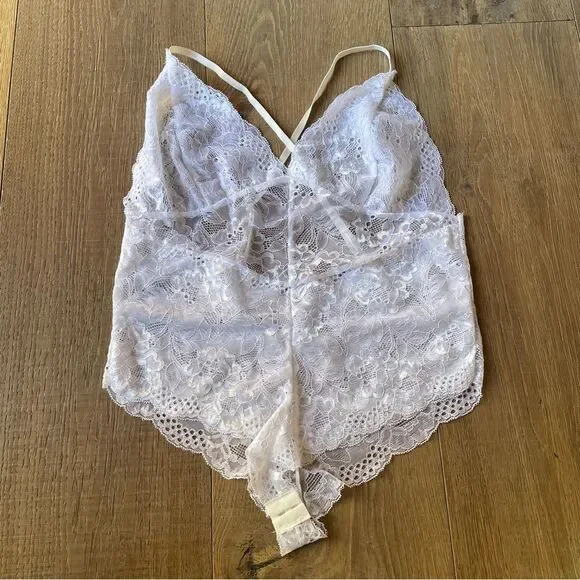 Sexy Lingerie Jumpsuit with Criss Cross Straps Semi Sheer White Lace Seduce, M - Picture 6 of 13